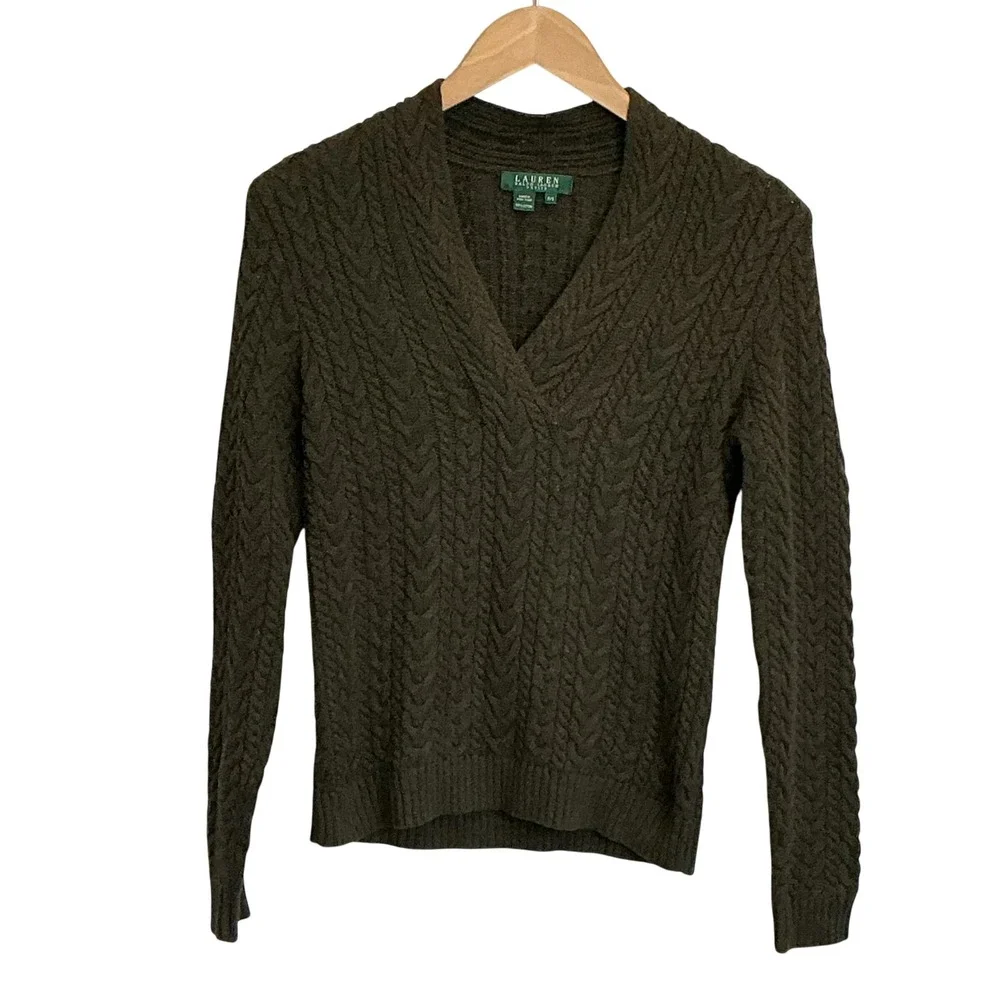 Lauren‎ Ralph Lauren Petite Olive Green Cable Knit Surplice V-Neck Sweater P/S